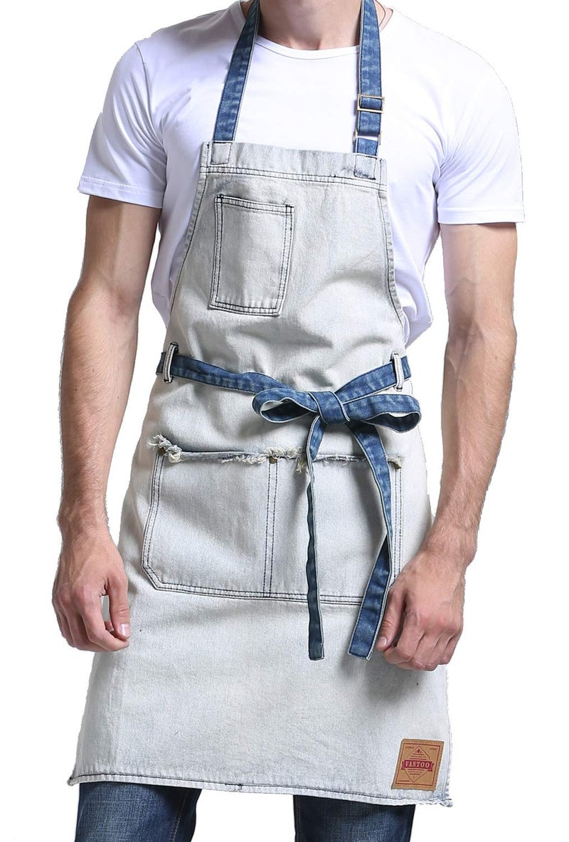 VANTOO Denim Artist Chef Kitchen Apron with Pockets for Men Women, Jean Painting Apron, Gift for Him and Her, Dad and Mom - Image 1